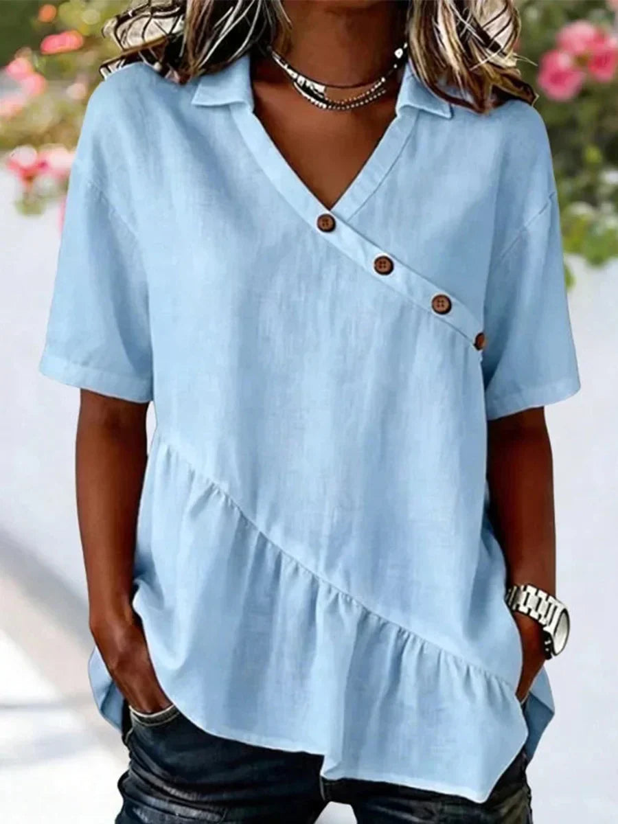 Casual Solid Colour Short Sleeve V Neck Blouse