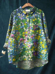 Women's Vintage Floral Art Print Casual Cotton And Linen Shirt