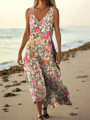 Vintage Floral Print V-neck Sleeveless Maxi Dress
