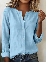 Solid Color Soft Blue Long Sleeve Button Up Blouse