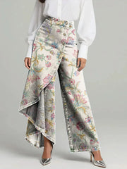 Women's Vintage Floral Print High-waisted Wide-leg Jeans