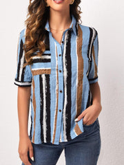 Colorful Stripe Print Shirt Collar Short Sleeve Pocket Casual Shirt