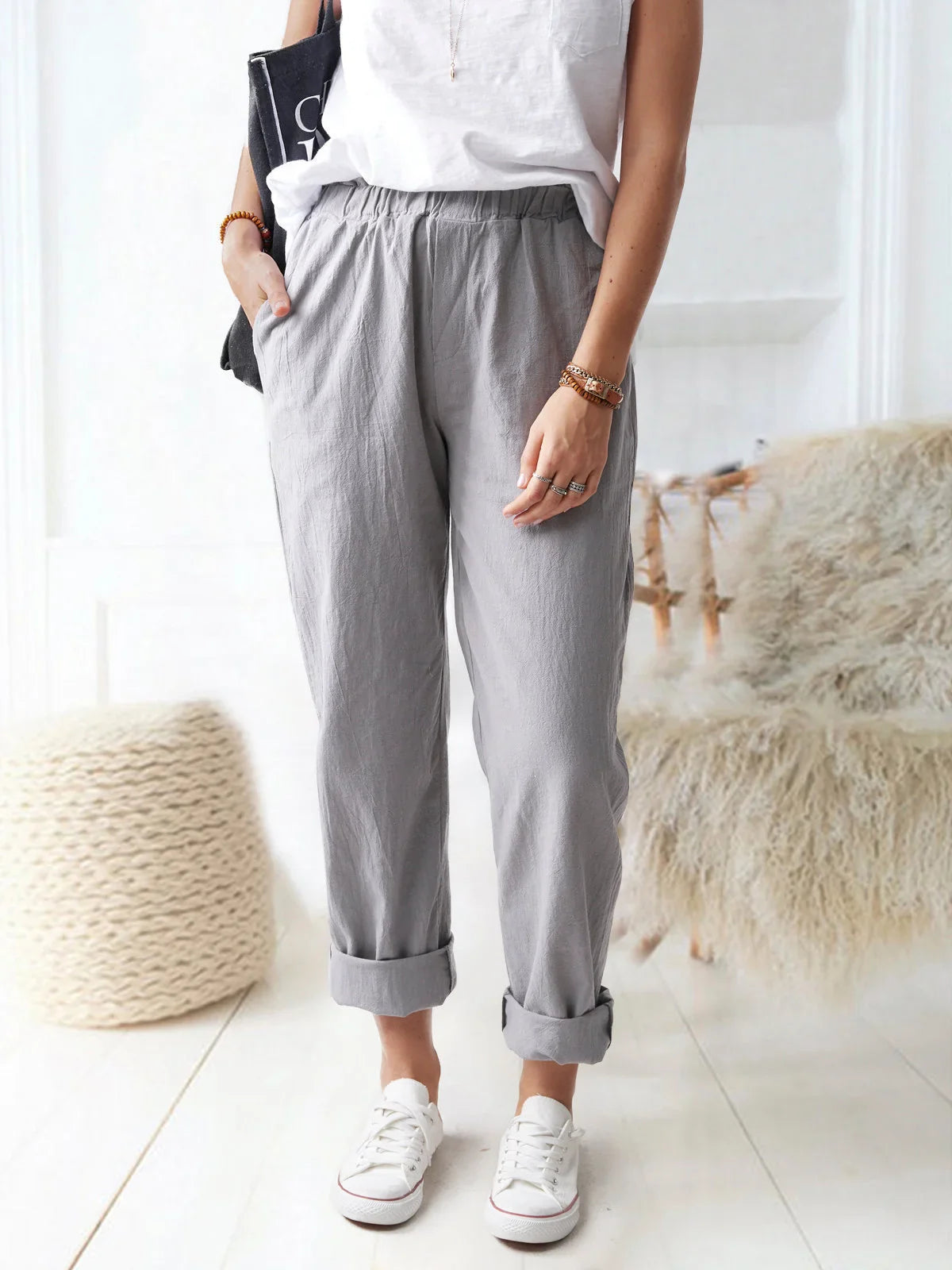 Elastic Waist Cotton Linen Loose Turnip Pants