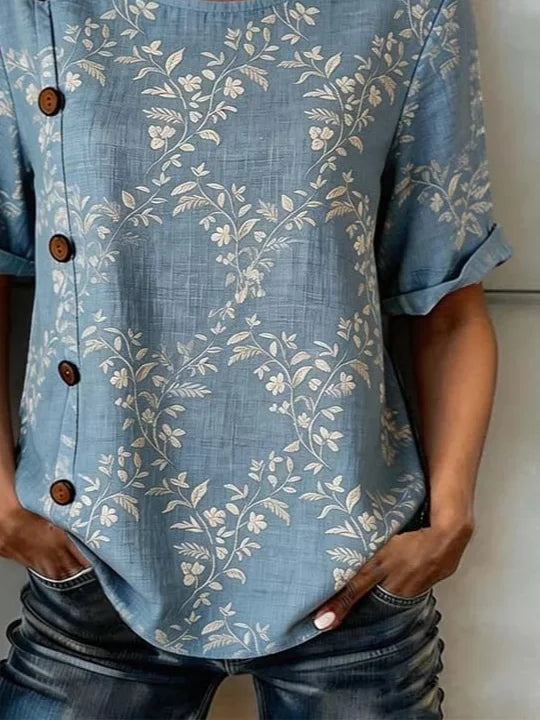 Vintage Floral Linen Blend Button Short Sleeve Top