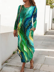 Geometric Marble Print Crew Neck Long Sleeve H-Line Maxi T-Shirt Dress