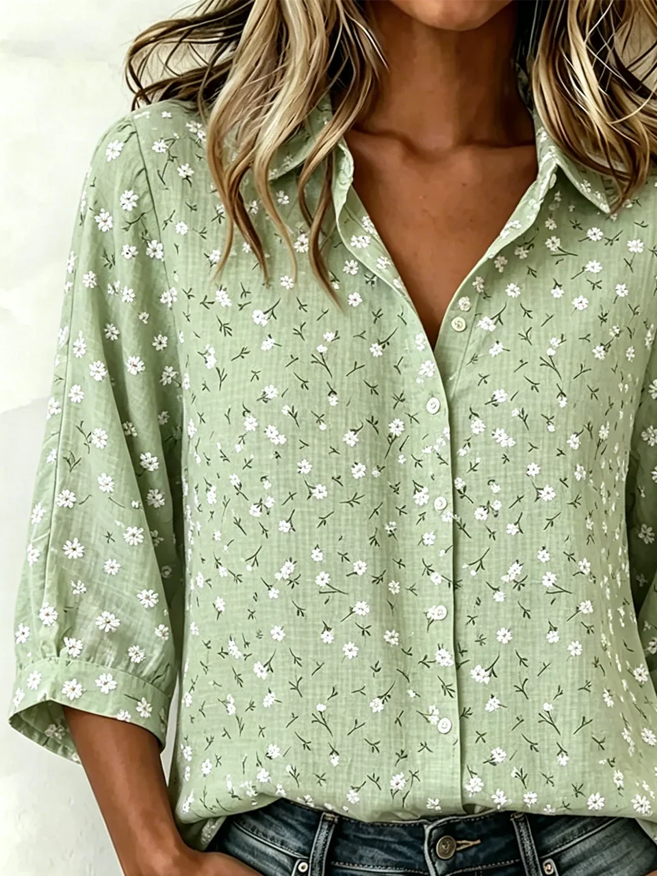Vintage Floral Shawl Collar Half Sleeve Linen Blend Blouse