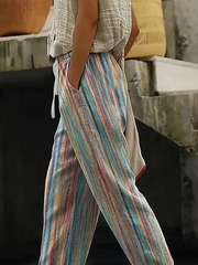 Abstract Strip Print Mid Waist Drawstring Straight Linen Blend Ankle Pants