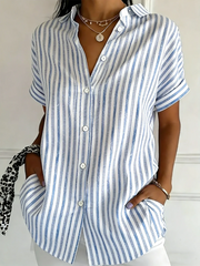 Striped Print Shawl Collar Short Sleeve Regular Fit Cotton Linen Button Down Shirt
