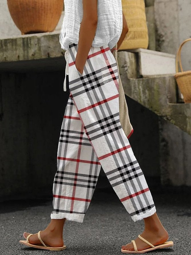 Plaid Print Natural Waist Loose H-Line Long Baggy Casual Pants