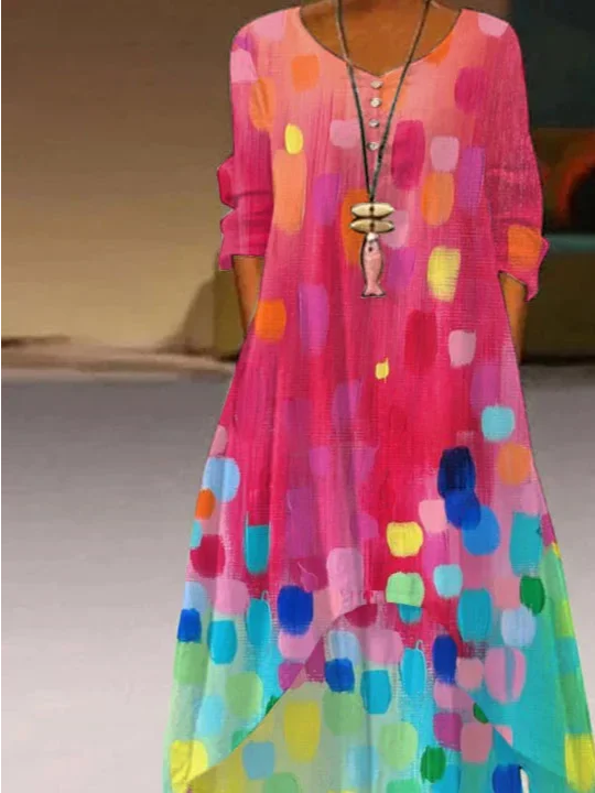 Gradient Color Block Print Crew Neck Long Sleeve Loose A-Line Maxi Chiffon Shirt Dress