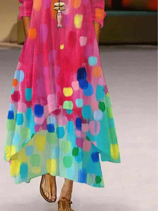 Gradient Color Block Print Crew Neck Long Sleeve Loose A-Line Maxi Chiffon Shirt Dress