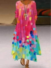 Gradient Color Block Print Crew Neck Long Sleeve Loose A-Line Maxi Chiffon Shirt Dress