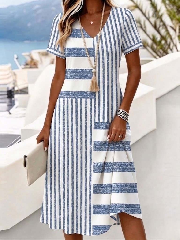 Color Block Stripe V Neck Short Sleeve Regular Fit A-Line Polyester Midi Dress