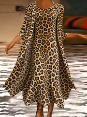 Leopard Print Crew Neck Three Quarter Sleeve Open Front Coat With Matching A-Line Maxi Dress 2 Piece Set