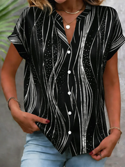 Wave Geometric Strip Split Collar Short Sleeve Loose H-Line Polyester Spandex Elegant Blouse