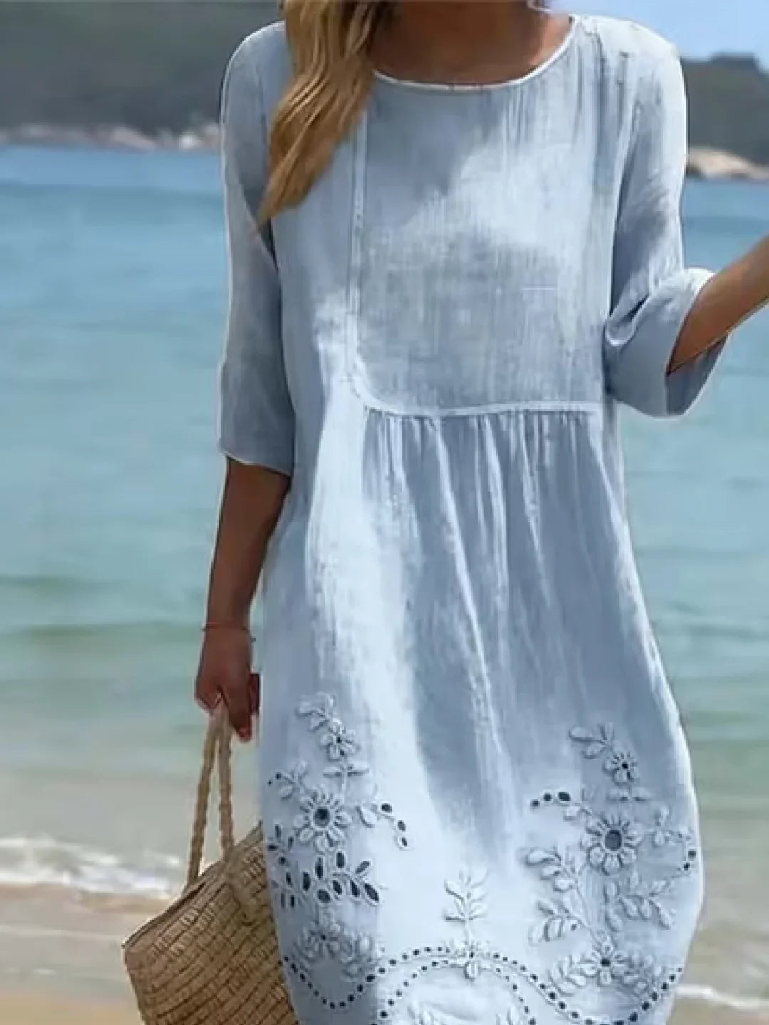 Light Blue Floral Embroidery Crew Neck Half Sleeve Loose A-Line Linen Blend Midi Dress