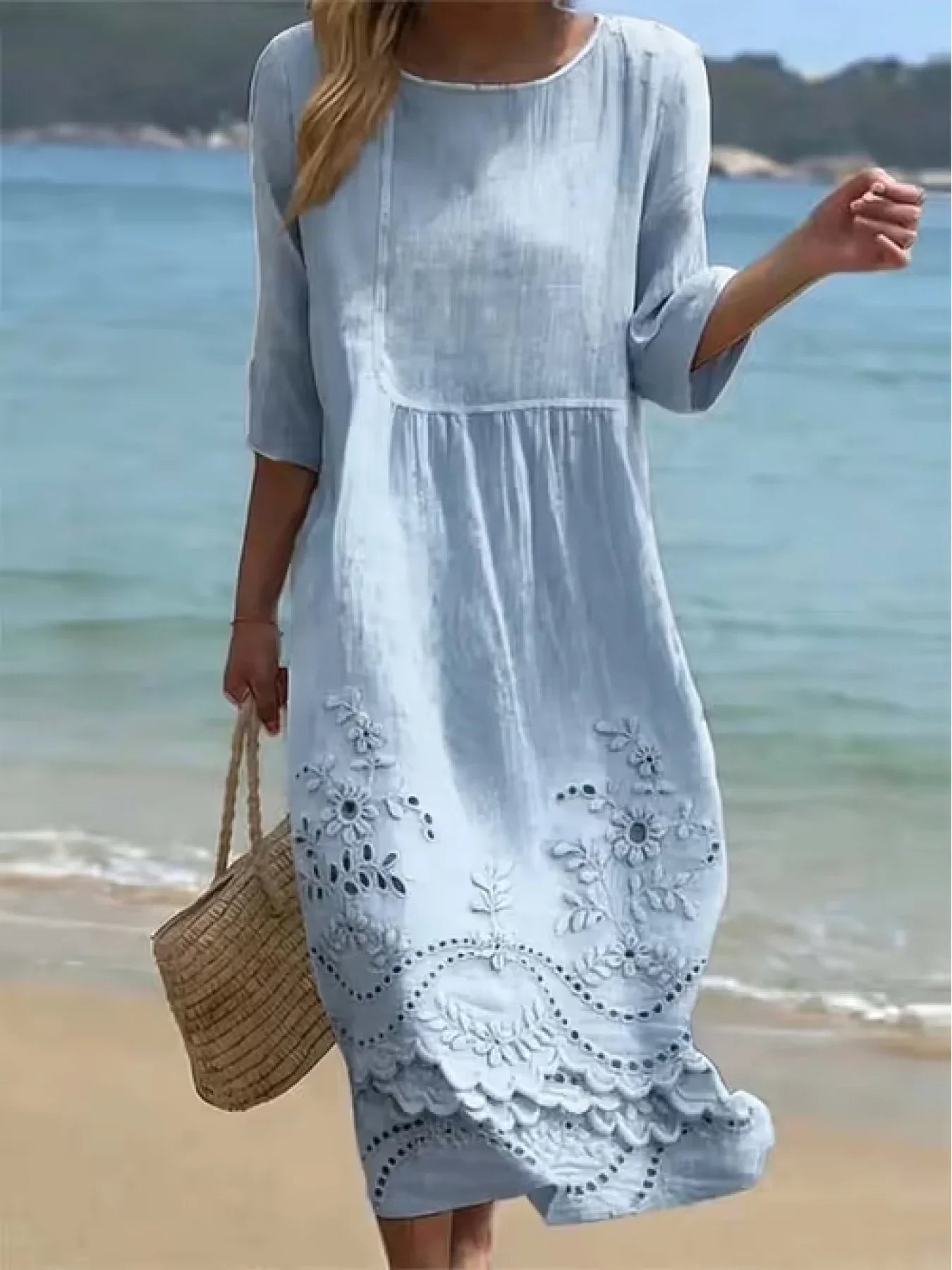 Light Blue Floral Embroidery Crew Neck Half Sleeve Loose A-Line Linen Blend Midi Dress