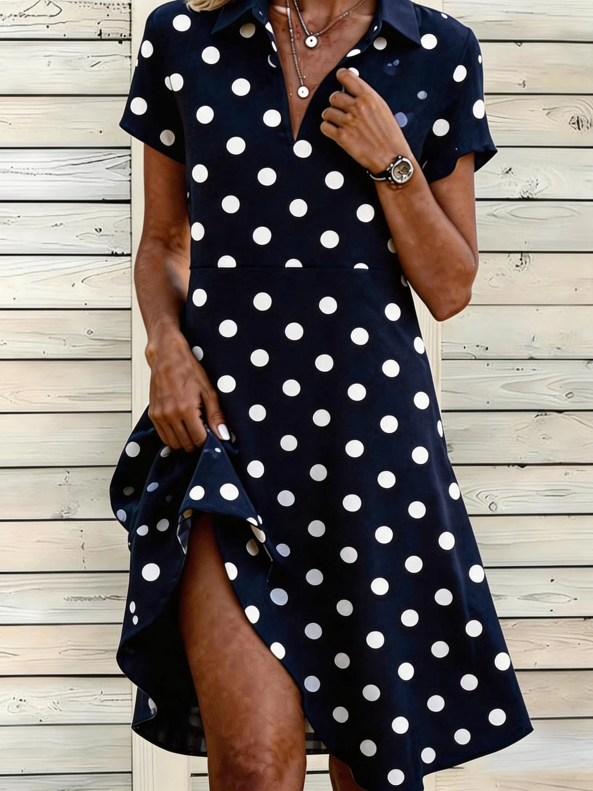 Polka Dot Shirt Collar Short Sleeve Mid Waist Loose A-Line Polyester Midi Shirt Dress