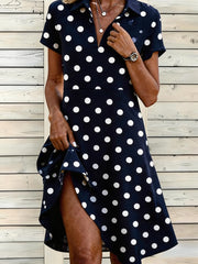 Polka Dot Shirt Collar Short Sleeve Mid Waist Loose A-Line Polyester Midi Shirt Dress