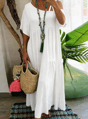 Women Asymmetrical Neckline Short Sleeve Solid Cotton Casual Tiered Maxi Dress