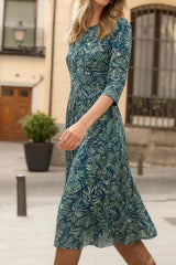 Women Casual Elegant Green Floral Print Crew Neck 3/4 Sleeve Polyester Midi Dress