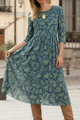 Women Casual Elegant Green Floral Print Crew Neck 3/4 Sleeve Polyester Midi Dress