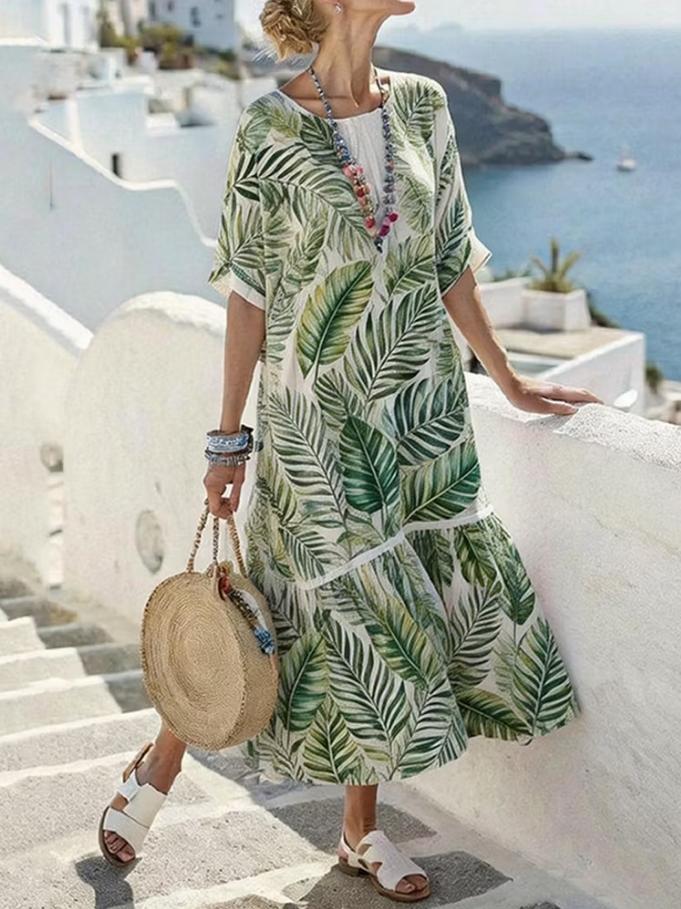 Women Green Botanical Leaf Print Round Neck Short Sleeve  Casual Ankle Length Midi Dress