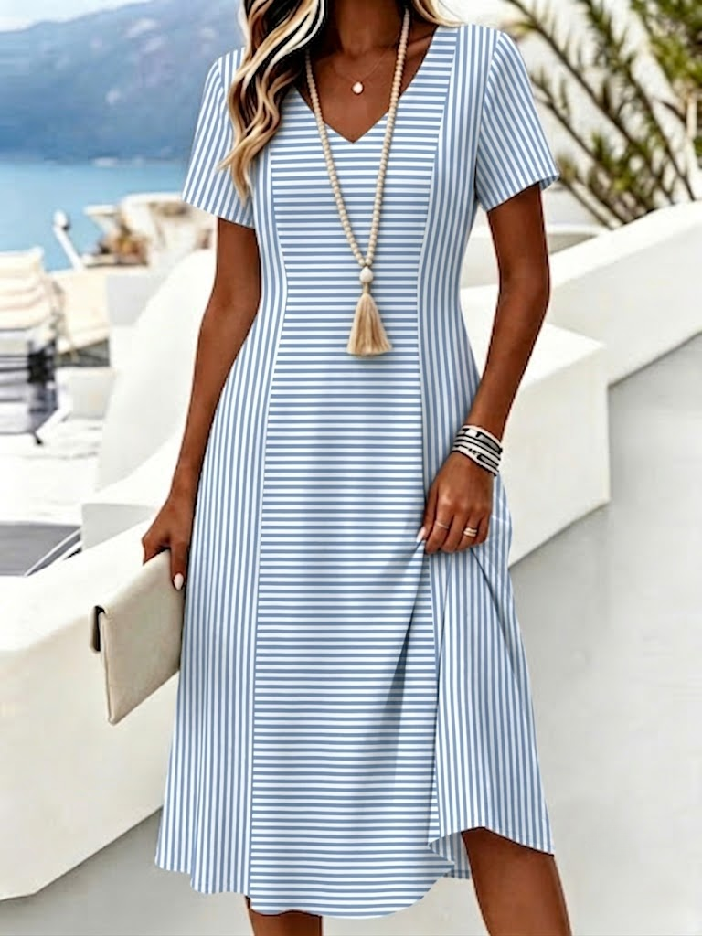 Women Summer Casual Blue Striped V Neck Short Sleeve Polyester A-Line Midi Dress