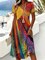 Women Vacation Casual Floral Abstract 3D Print V Neck Short Sleeve Polyester A-Line Midi Dress