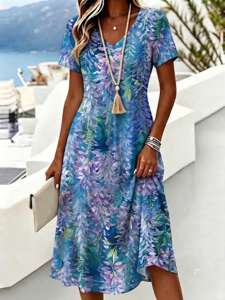 Women Vacation Casual Leaf Print V Neck Short Sleeve A-Line Midi Dress