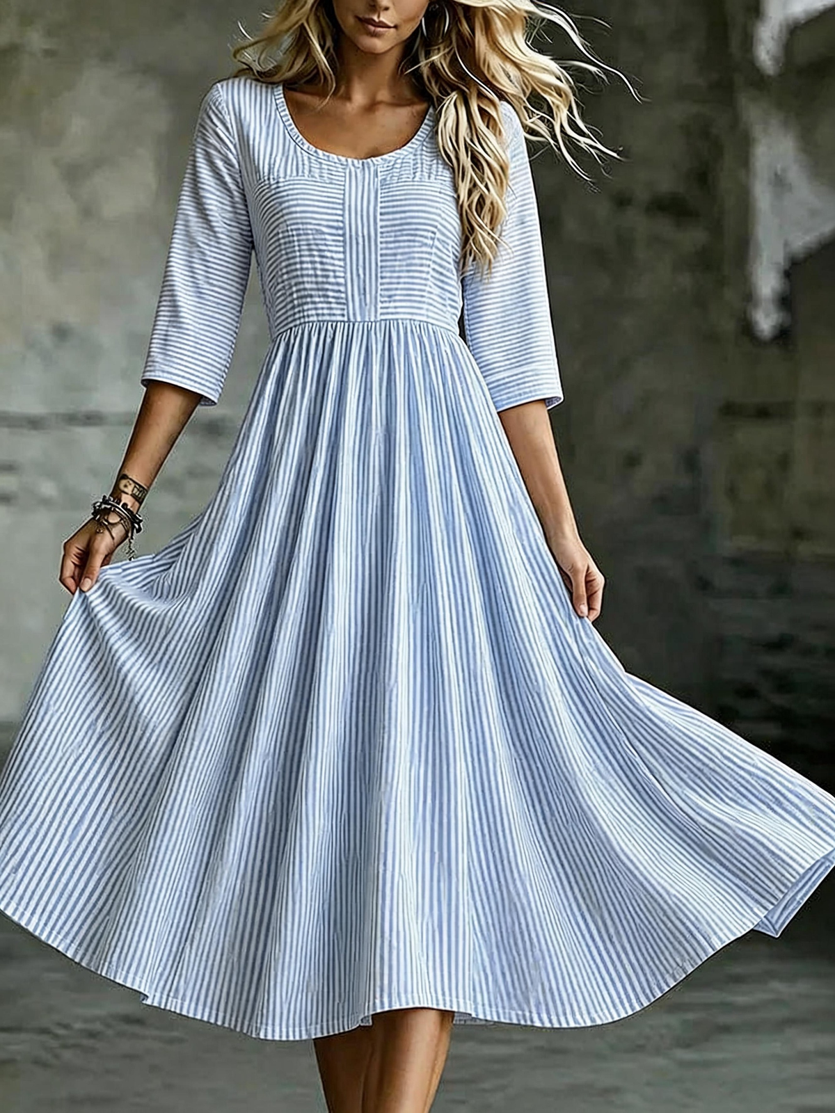 Boho Striped Maxi Dress Women Scoop Neck 3/4 Sleeve H-Line Flowy Long Dress For Daily Vacation