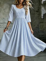 Boho Striped Maxi Dress Women Scoop Neck 3/4 Sleeve H-Line Flowy Long Dress For Daily Vacation