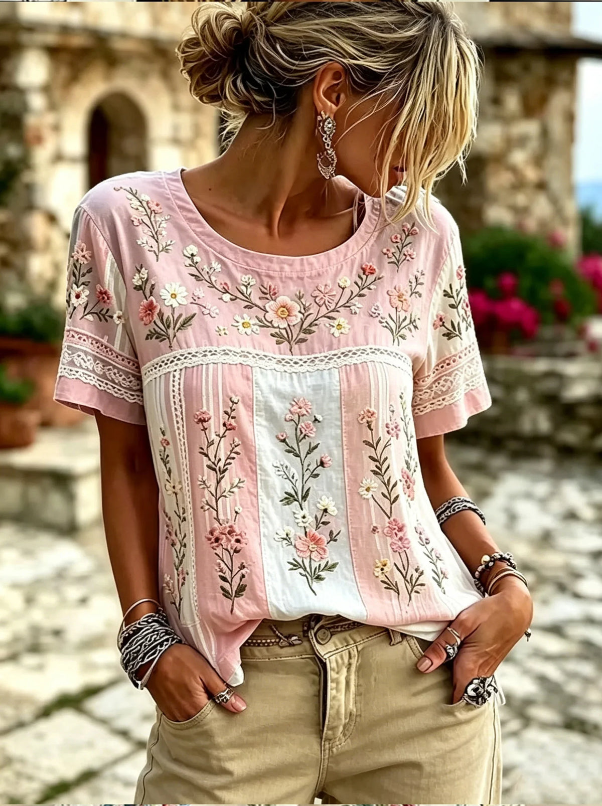 Pink Floral Embroidery Crew Neck Short Sleeve Tee Lightweight Linen Blend Casual Summer Top