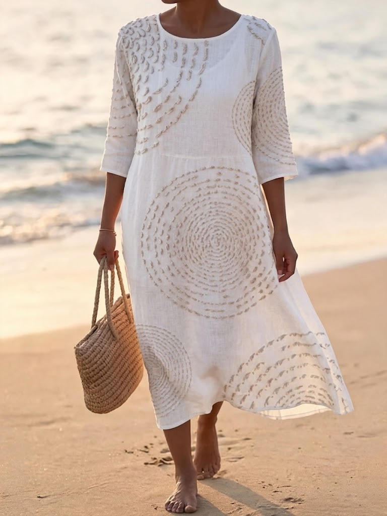 White Textured Geometric Embroidery Crew Neck 3/4 Sleeve Loose A-Line Beach Vacation Midi Dress