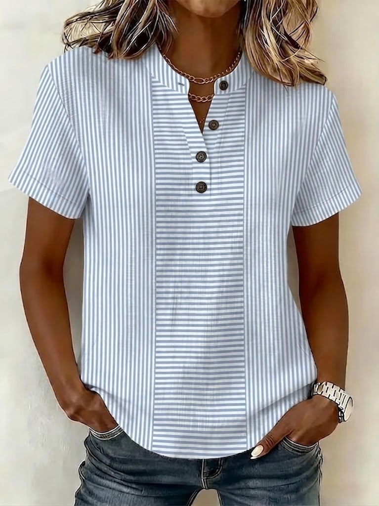 Blue Striped Print Henley V Neck Short Sleeve Casual Summer Women's Shirt