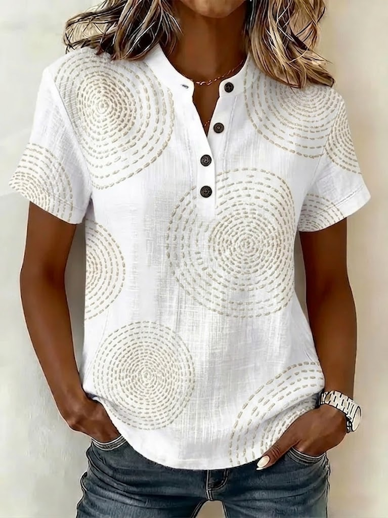White Abstract Circle Print Henley V Neck Short Sleeve Casual Summer Women's Shirt