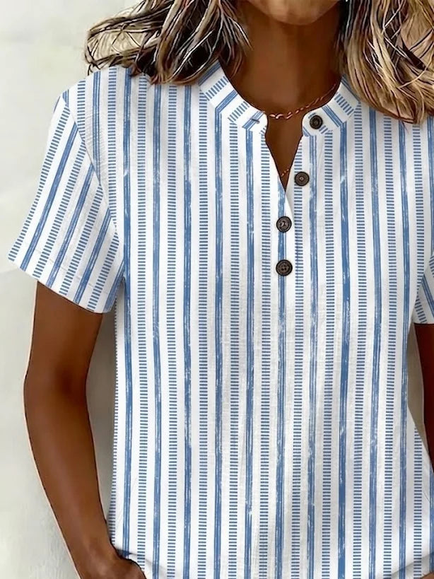 Blue Vertical Striped Print Henley V Neck Short Sleeve Casual Summer Women's Shirt
