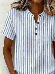 Blue Vertical Striped Print Henley V Neck Short Sleeve Casual Summer Women's Shirt