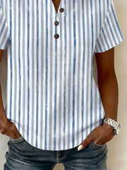 Blue Vertical Striped Print Henley V Neck Short Sleeve Casual Summer Women's Shirt