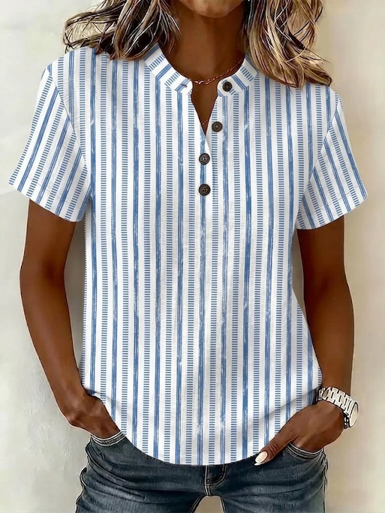 Blue Vertical Striped Print Henley V Neck Short Sleeve Casual Summer Women's Shirt