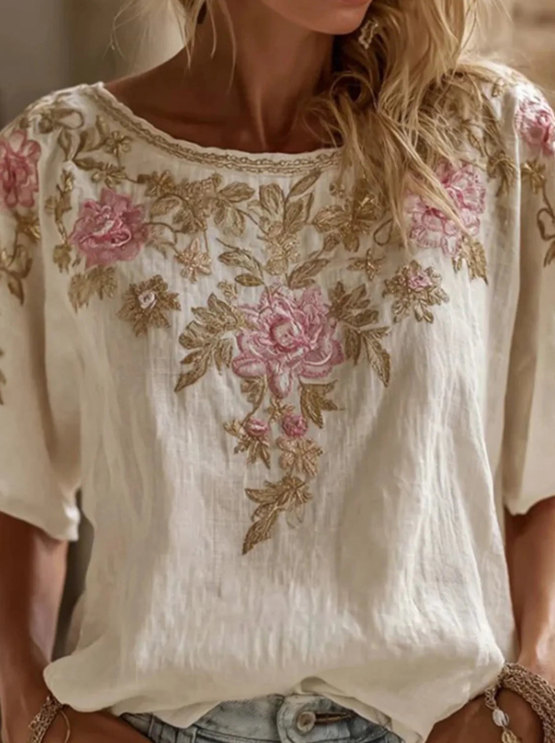 White Floral 3D Print Crew Neck Short Sleeve Casual Summer Women T-shirt