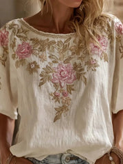 White Floral 3D Print Crew Neck Short Sleeve Casual Summer Women T-shirt