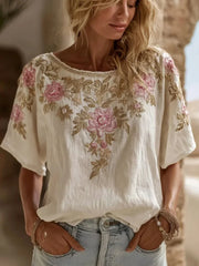 White Floral 3D Print Crew Neck Short Sleeve Casual Summer Women T-shirt