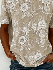 Khaki Vintage 3D Floral Print Crew Neck Short Sleeve Casual T-shirt