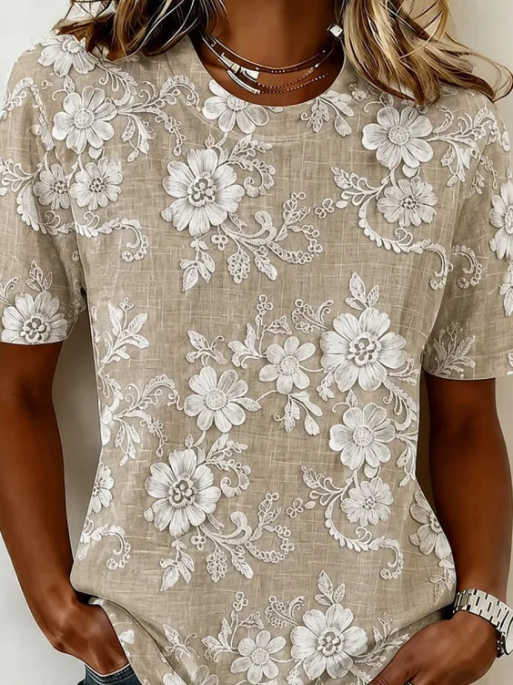 Khaki Vintage 3D Floral Print Crew Neck Short Sleeve Casual T-shirt