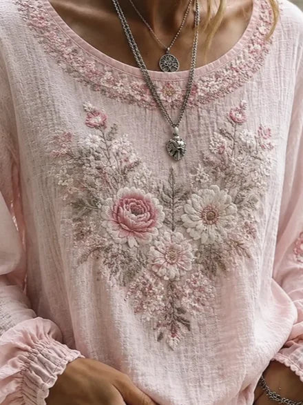Lightweight Floral Print Crew Neck Long Sleeve Loose Women Blouse
