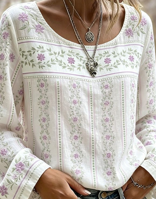 White Floral Print Round Neck Lightweight Long Sleeve Loose Casual Blouse
