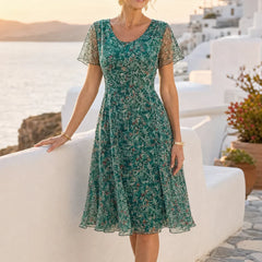 Women Sage Green Floral Chiffon Midi Dress, Flutter Sleeve Fit And Flare Summer Casual Dres