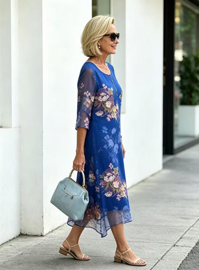 Blue Floral Print Chiffon Layered Round Neck 3/4 Sleeve A-Line Midi Dress For Mature Women