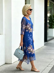 Blue Floral Print Chiffon Layered Round Neck 3/4 Sleeve A-Line Midi Dress For Mature Women